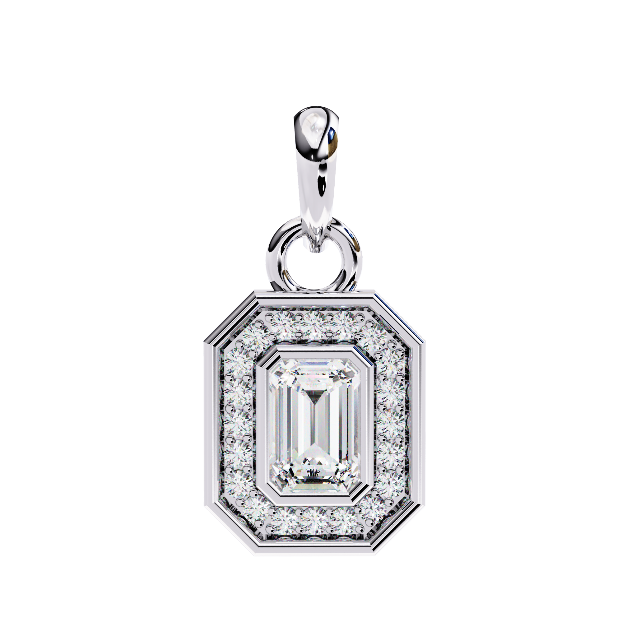 Opulent white gold emerald-cut halo diamond pendant