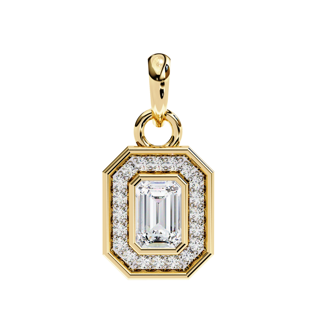 Opulent gold emerald-cut halo diamond pendant