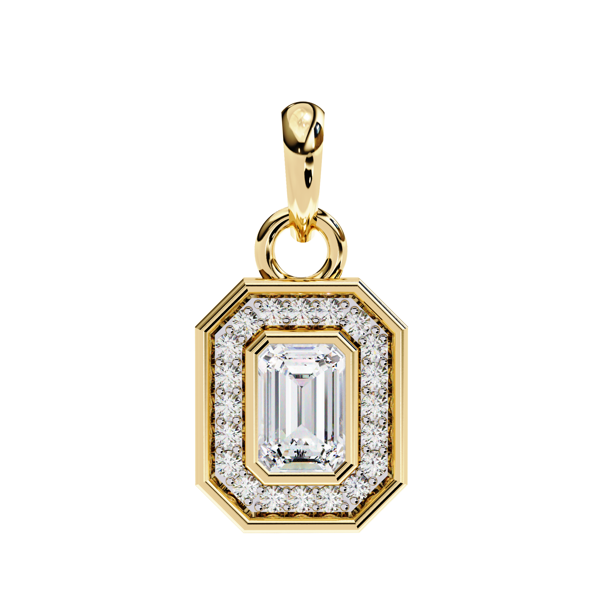 Opulent gold emerald-cut halo diamond pendant