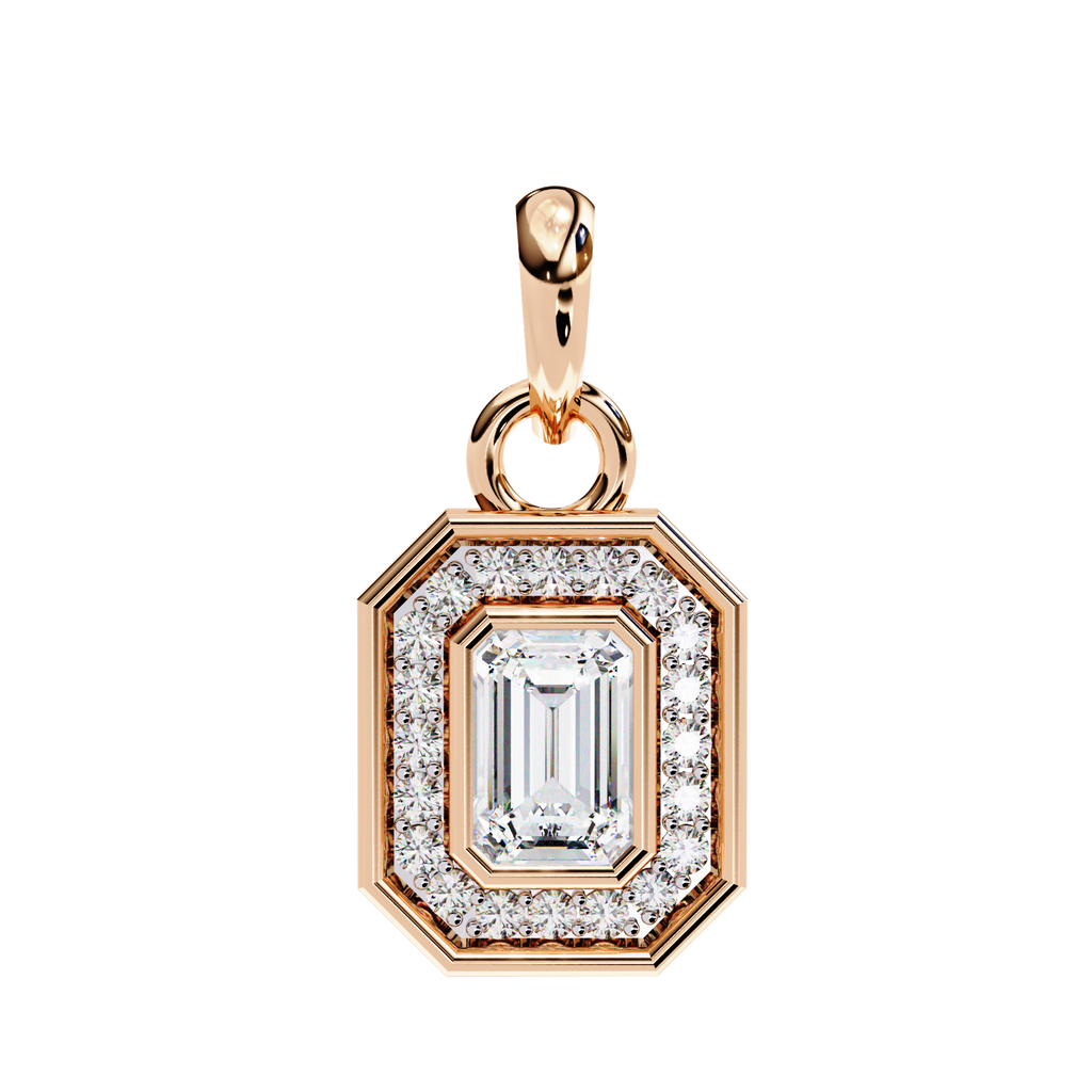 Opulent rose gold emerald-cut halo diamond pendant