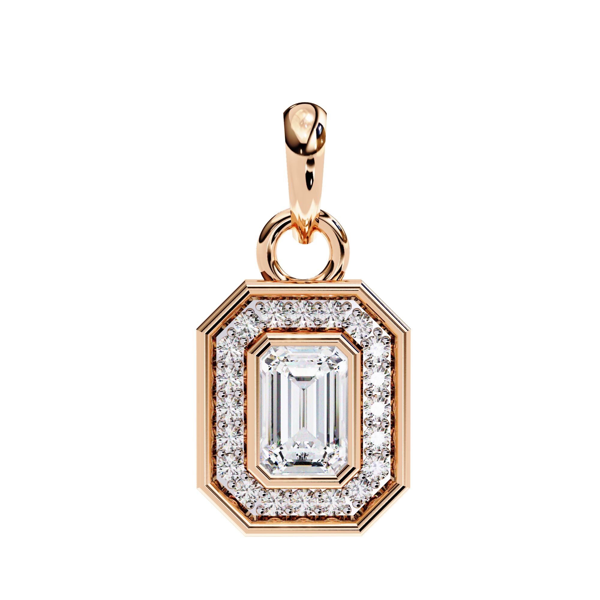 Opulent rose gold emerald-cut halo diamond pendant
