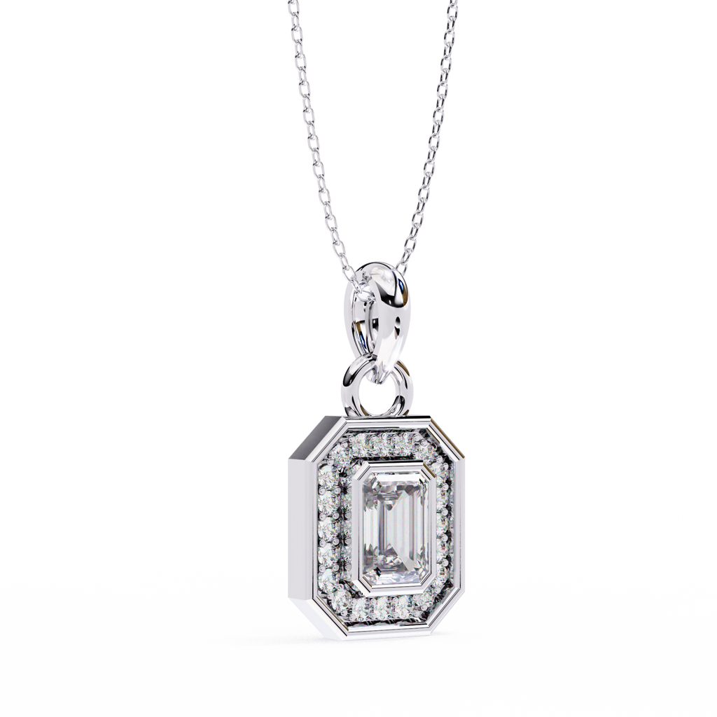 Emerald-cut diamond halo pendant in white gold