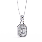 Emerald-cut diamond halo pendant in white gold