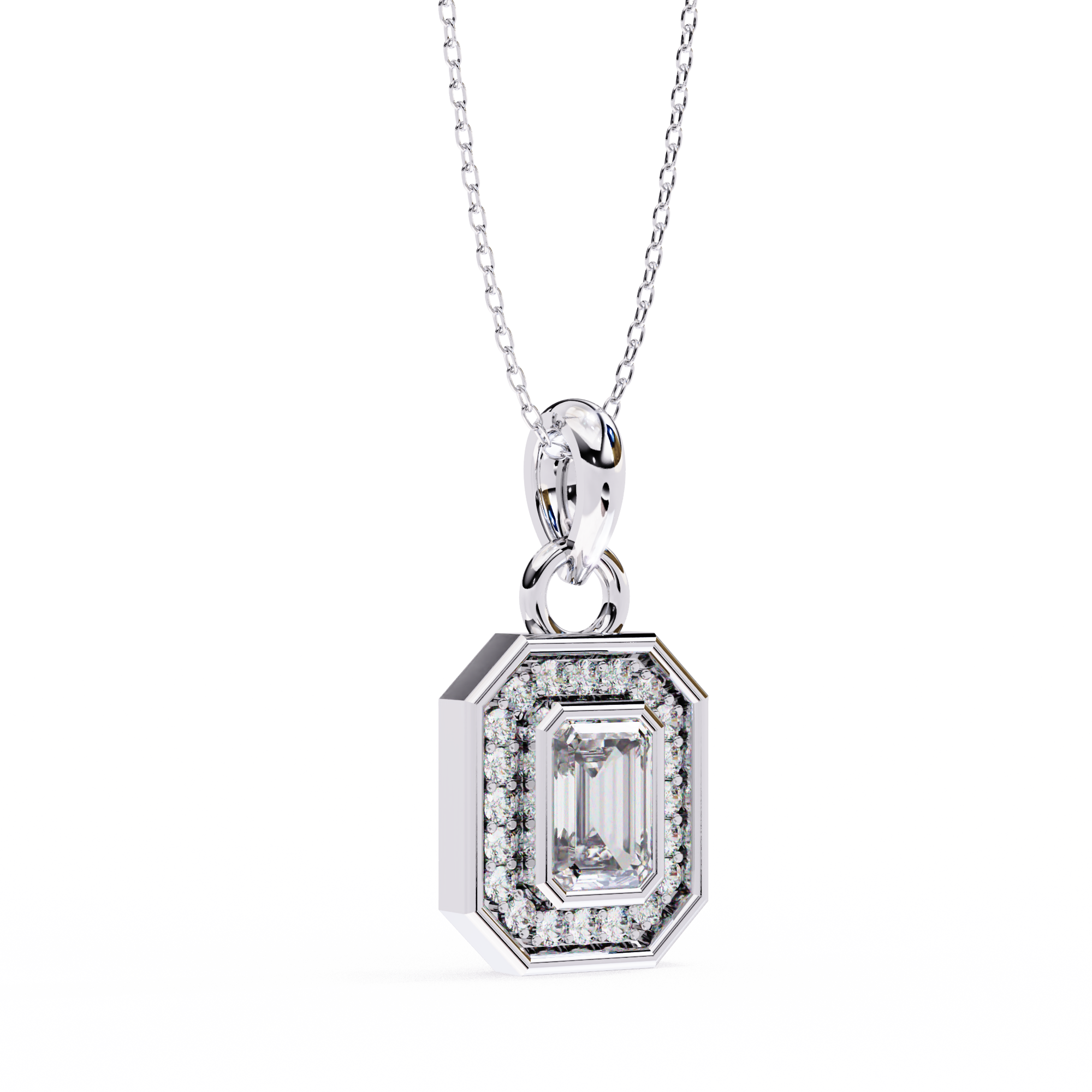 Emerald-cut diamond halo pendant in white gold