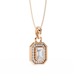Emerald-cut diamond halo pendant in rose gold