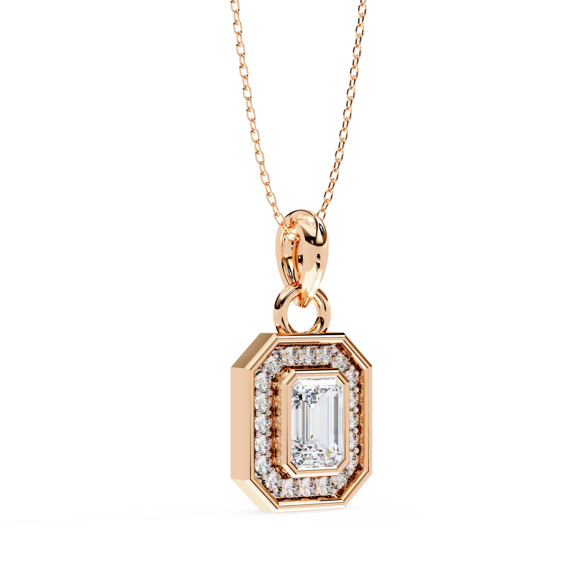 Emerald-cut diamond halo pendant in rose gold