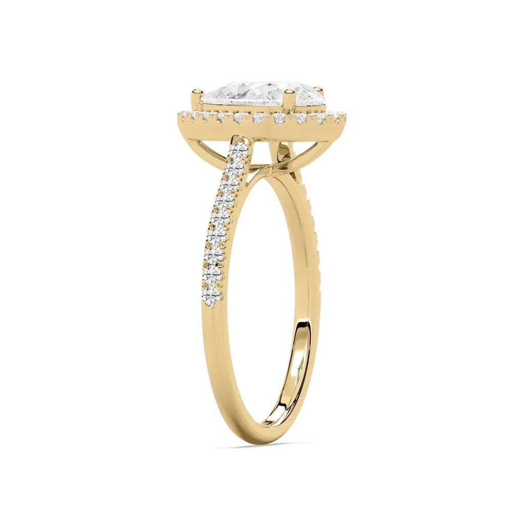 Pear Cut Halo Diamond Engagement Ring with Pave Band in Gold