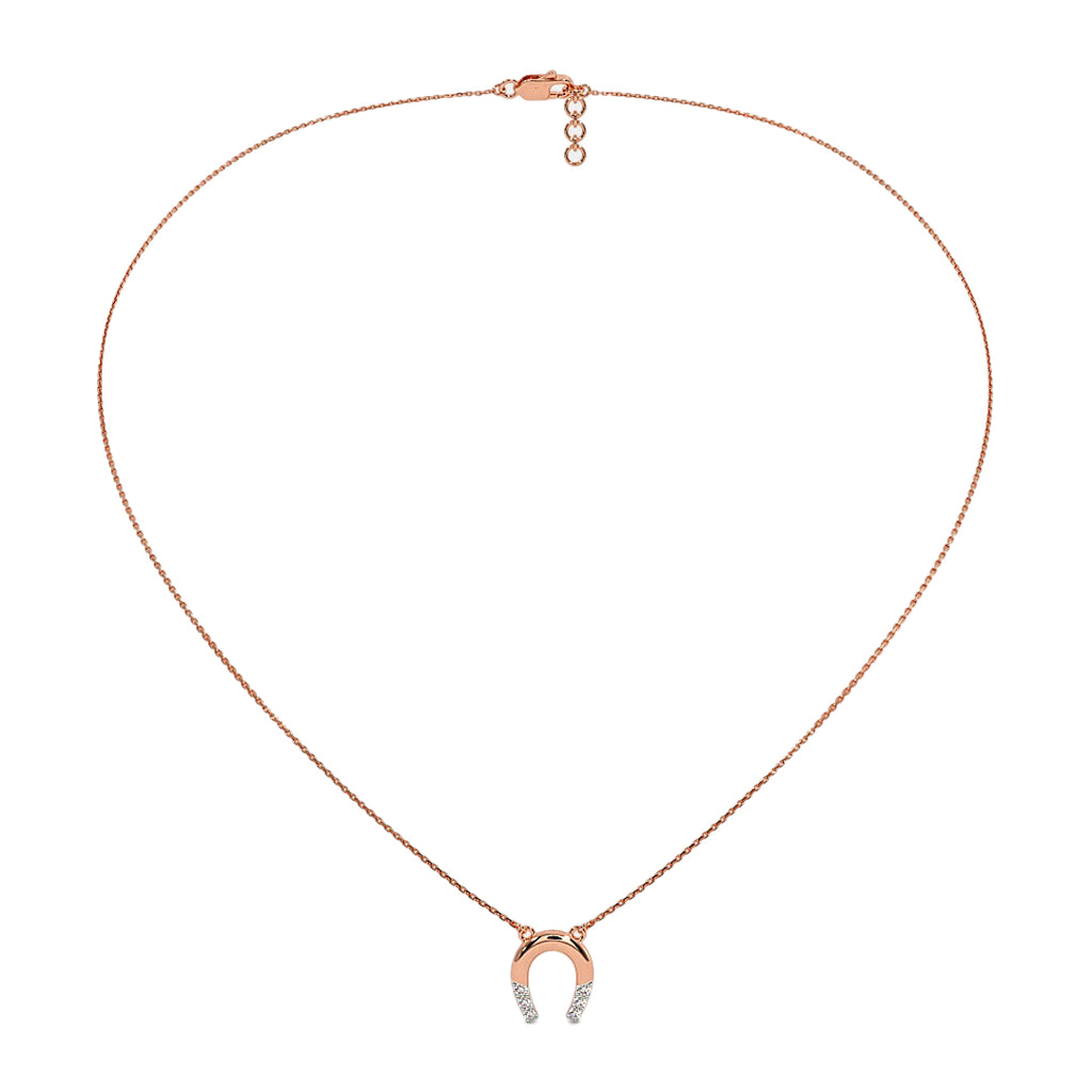 Rose gold necklace with a small pendant on a white background