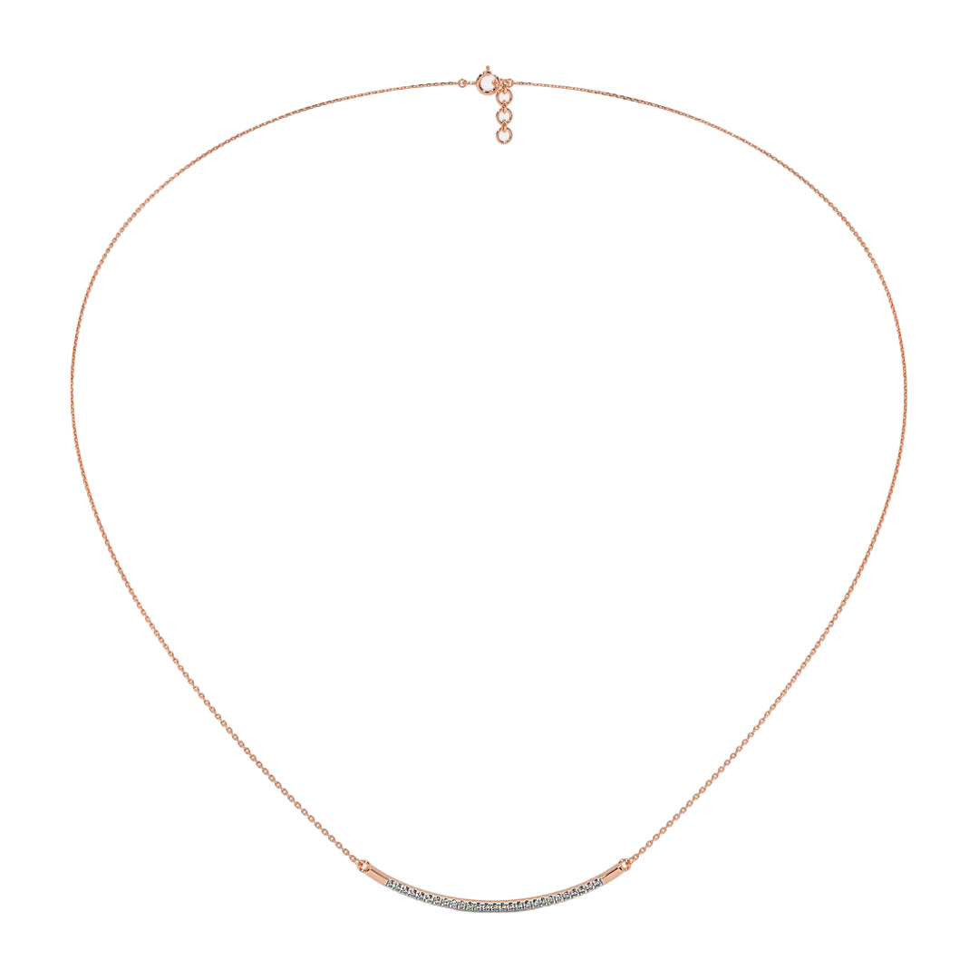 Rose gold diamond necklace on a white background