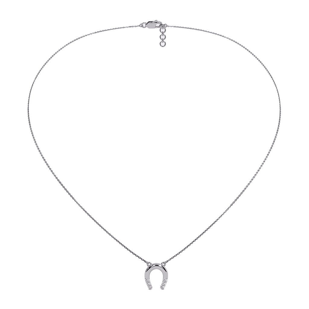 Silver necklace with a horseshoe diamond pendant on a white background