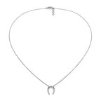 Silver necklace with a horseshoe diamond pendant on a white background