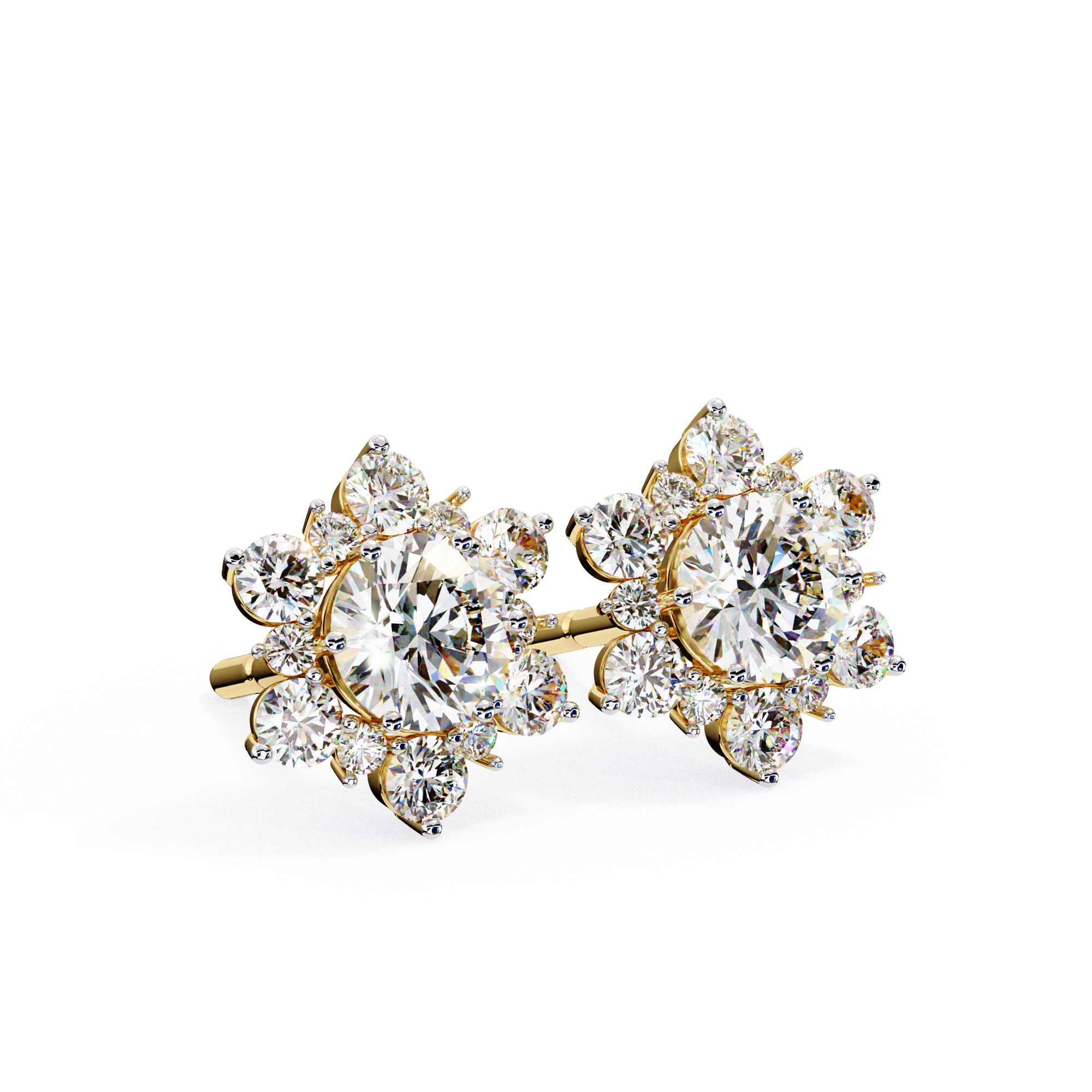 Round diamond cluster stud earrings flower shape in gold