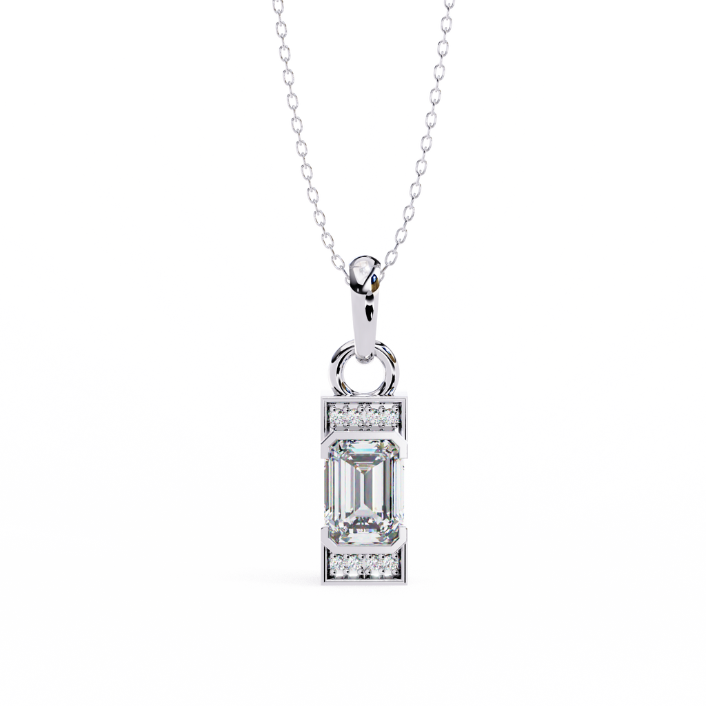 Rectangular baguette cut diamond pendant in white gold