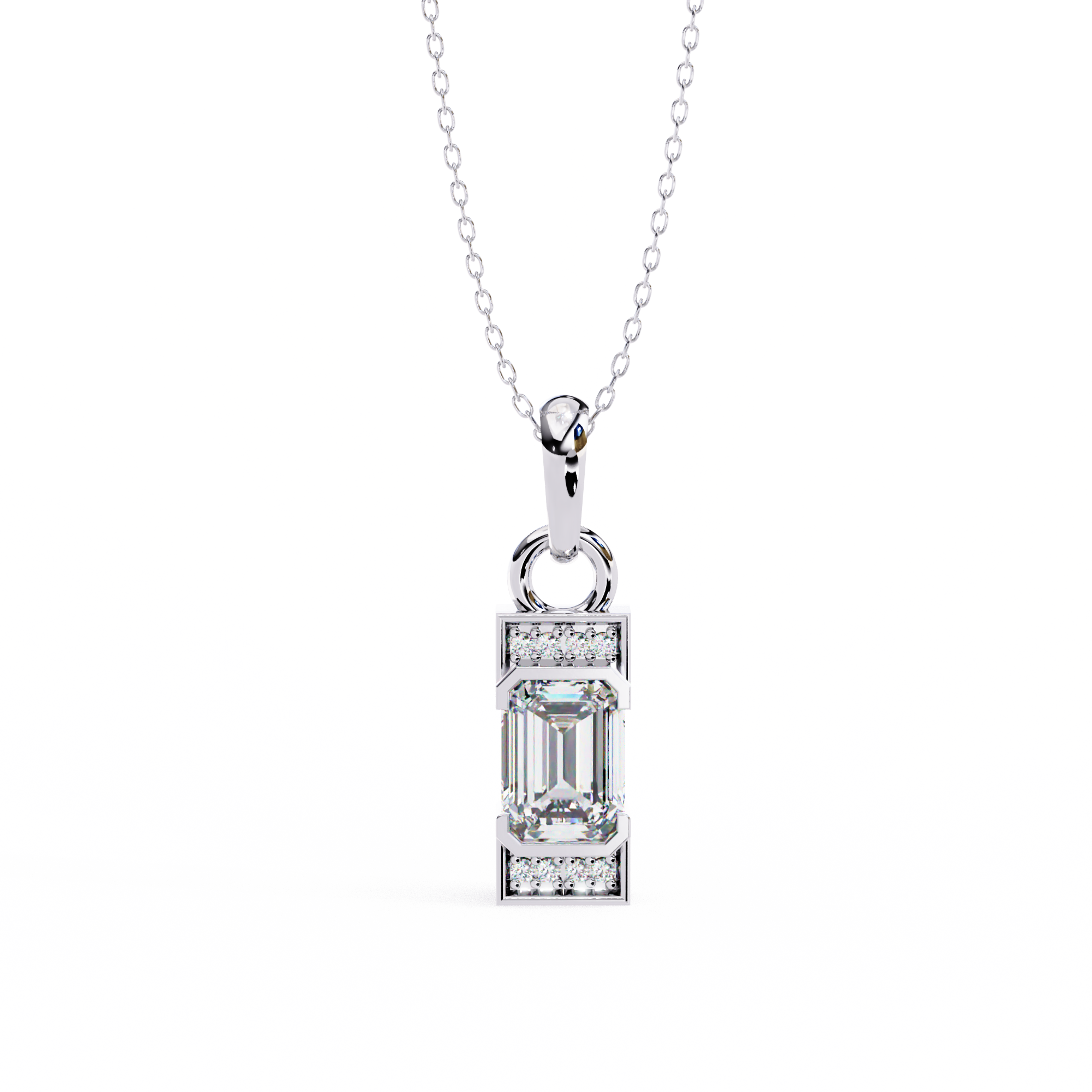Rectangular baguette cut diamond pendant in white gold