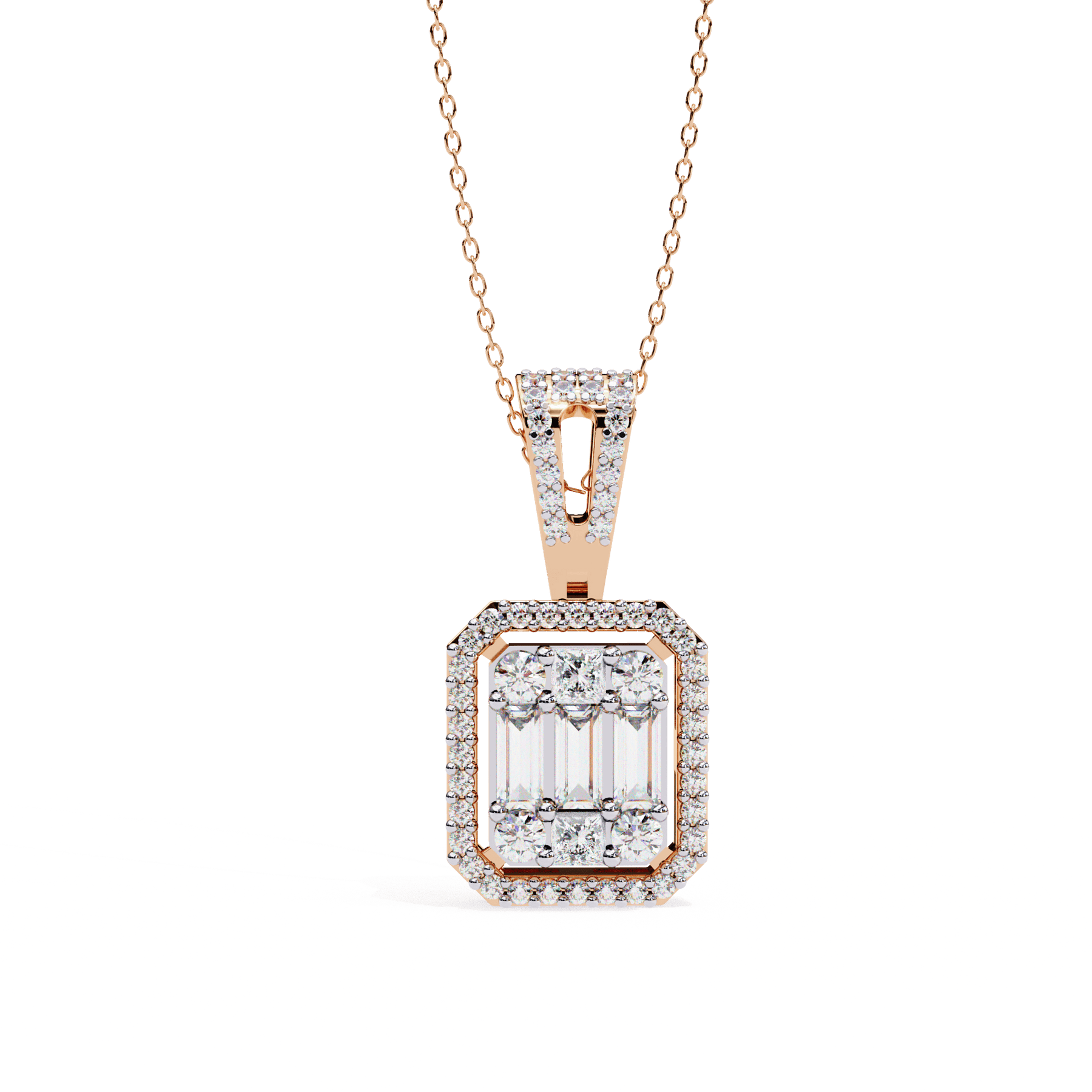 Southern Princess-Cut rectangle pendant with halo diamonds