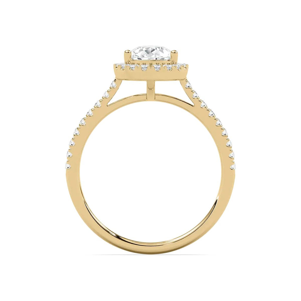 Pear Cut Halo Diamond Engagement Ring with Pave Band in Gold