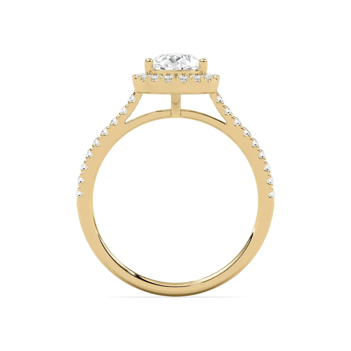 Pear Cut Halo Diamond Engagement Ring with Pave Band in Gold