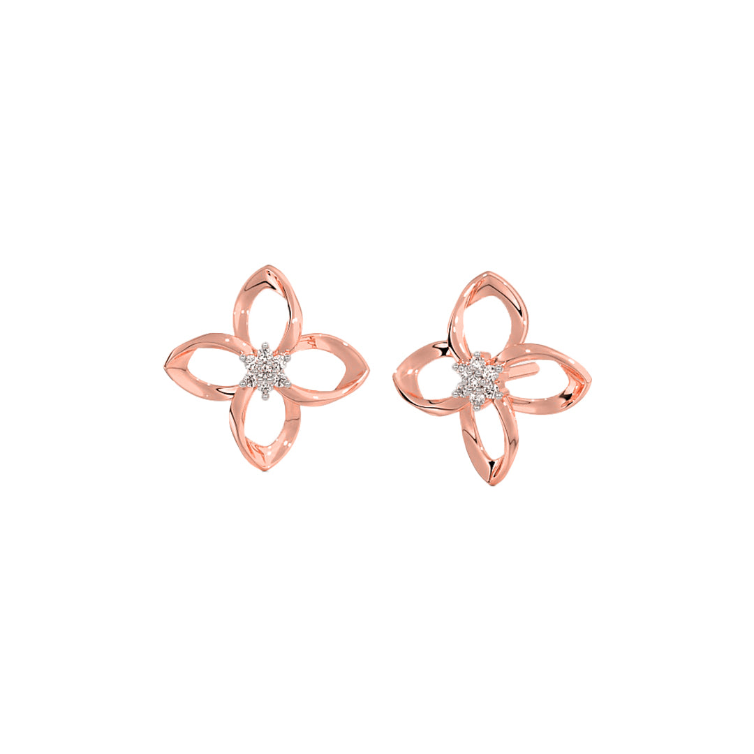 Twisted Gold Diamond Flower Motif Earrings in Gold