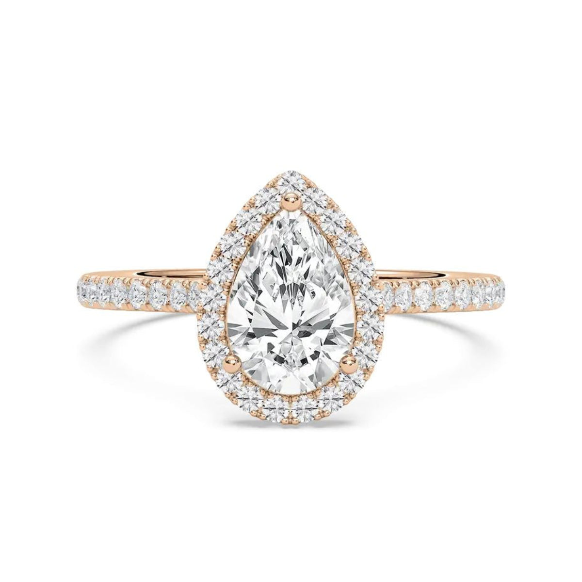 A pear-cut diamond engagement ring in rose gold with a halo and pavé band, centered on a clean white background.