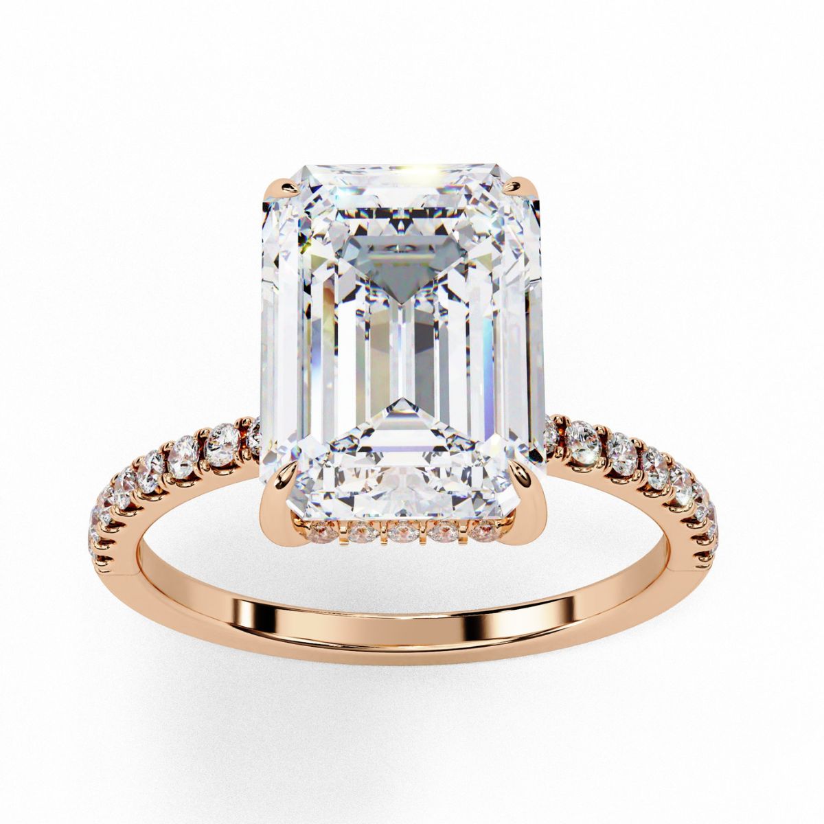 Emerald Cut Solitaire Hidden Halo Pave Band Ring in Gold