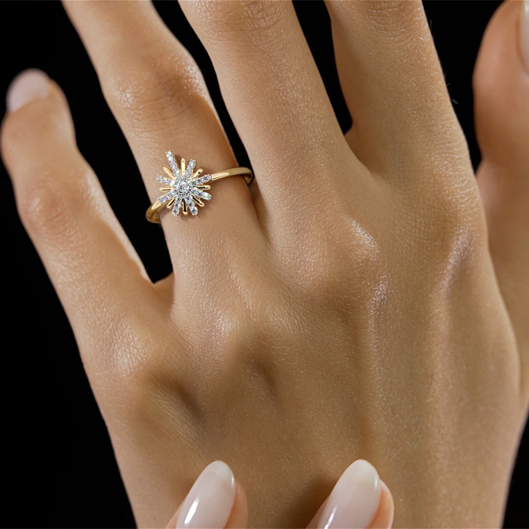 Diamond Cluster Starburst Flower Ring in Gold