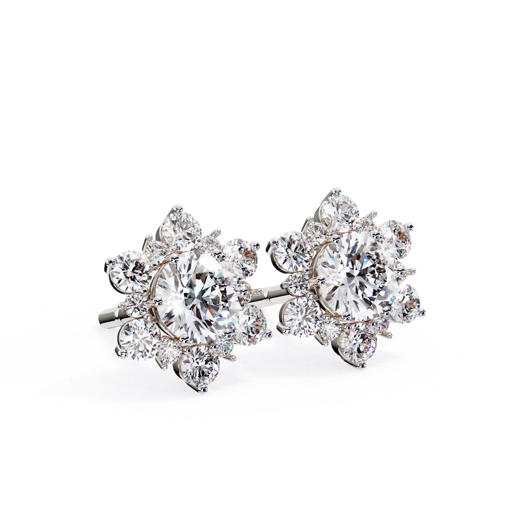 Round diamond cluster stud earrings flower shape in White Gold