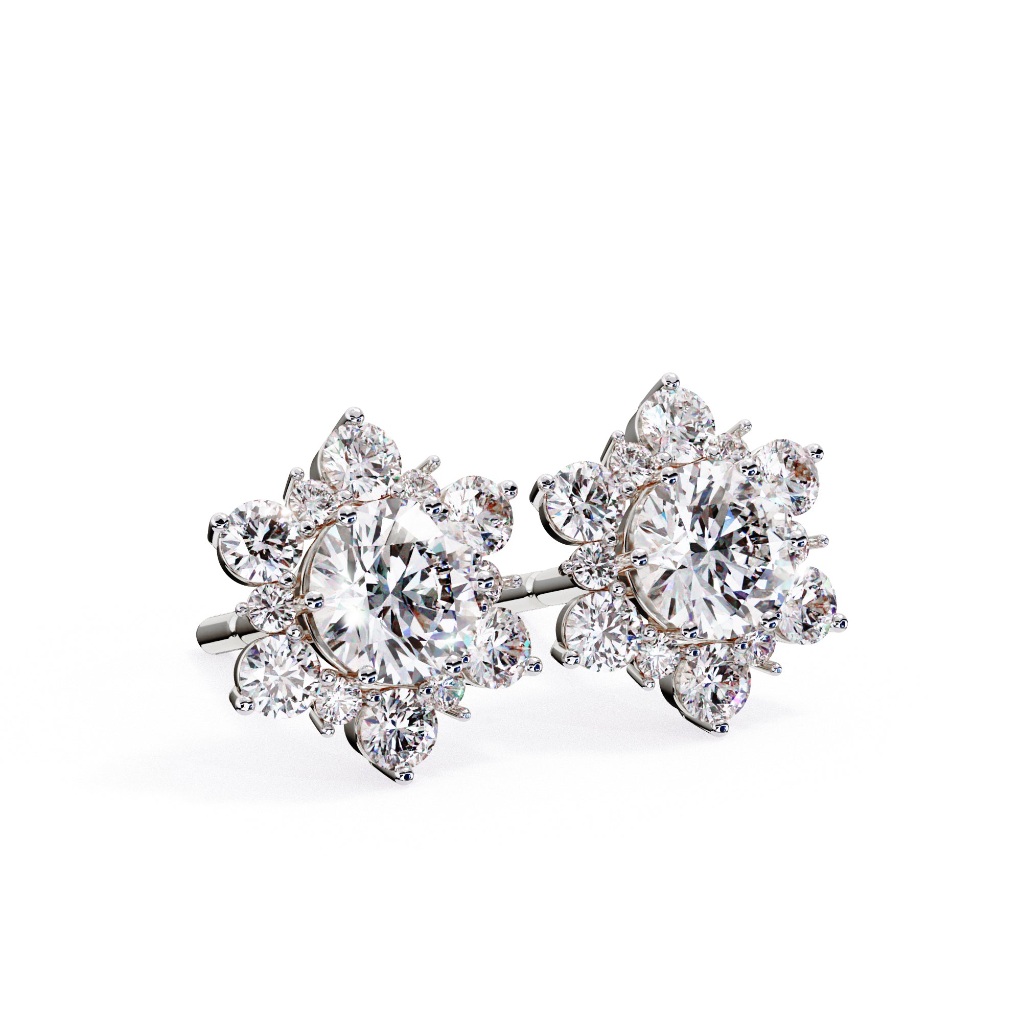 Round diamond cluster stud earrings flower shape in White Gold