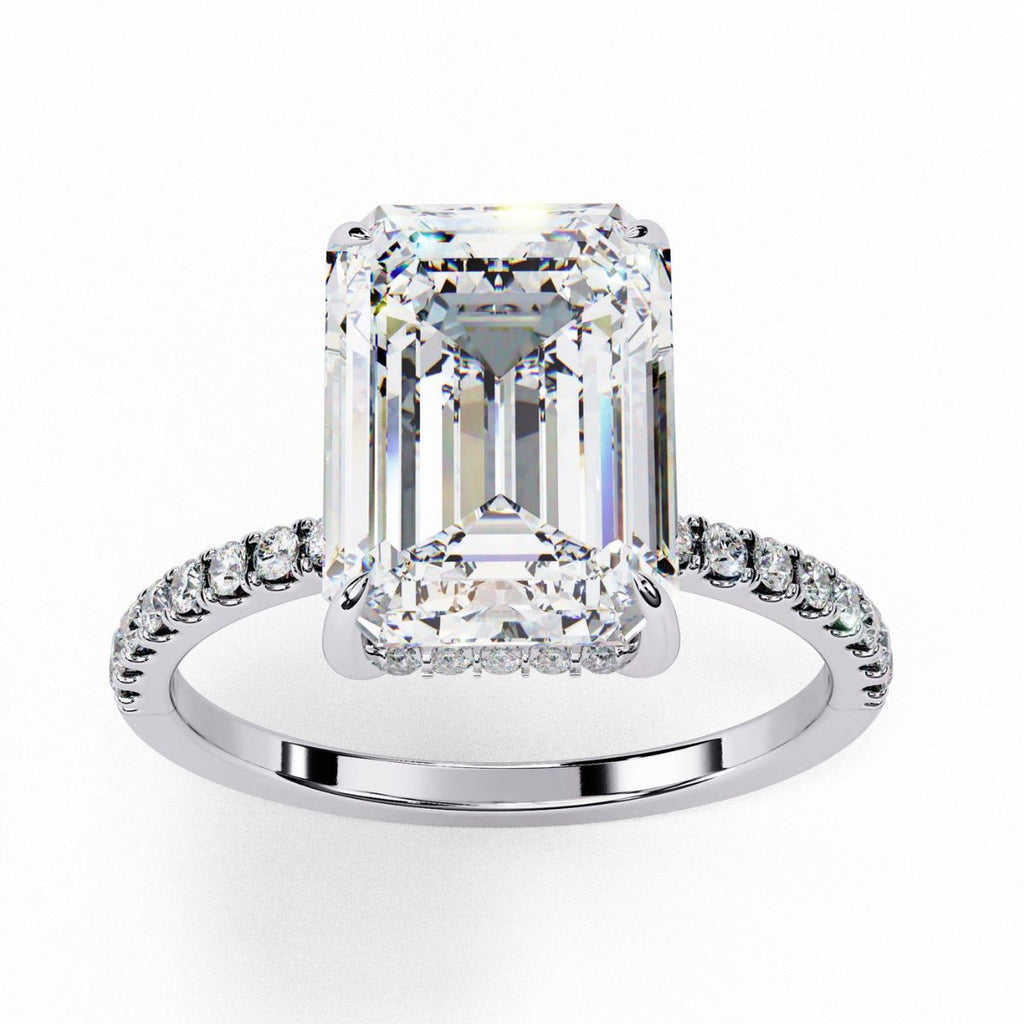 Emerald Cut Solitaire Hidden Halo Pave Band Ring in Gold