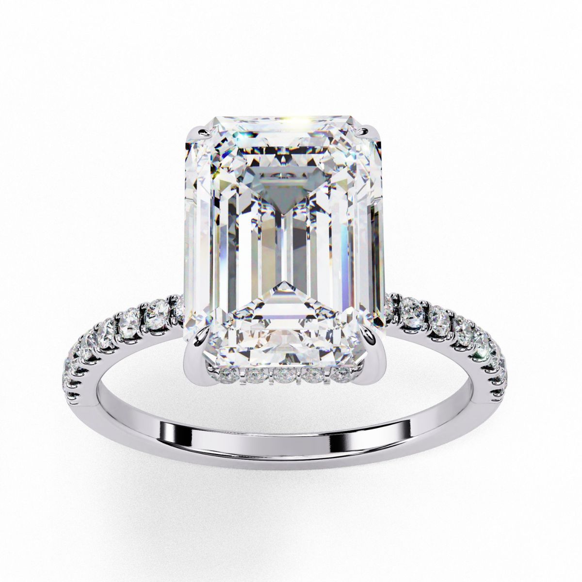Emerald Cut Solitaire Hidden Halo Pave Band Ring in Gold