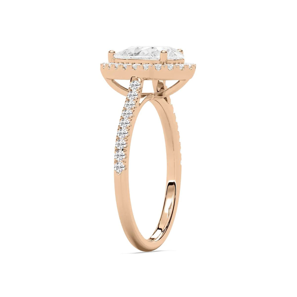 Pear Cut Halo Diamond Engagement Ring with Pave Band in Gold