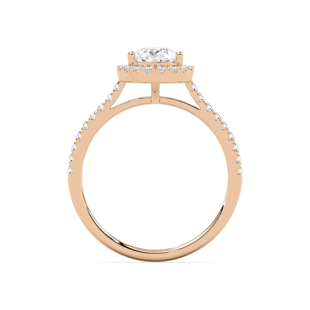 Pear Cut Halo Diamond Engagement Ring with Pave Band in Gold