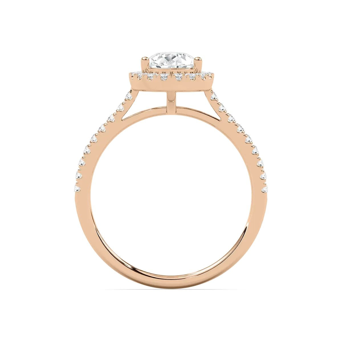 Pear Cut Halo Diamond Engagement Ring with Pave Band in Gold