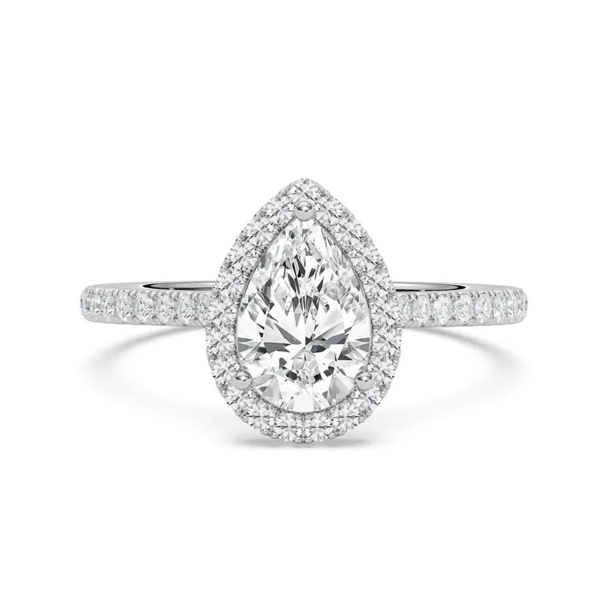 Pear Cut Halo Diamond Engagement Ring with Pave Band in Gold