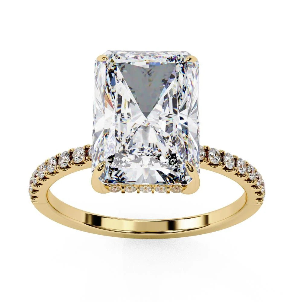 Radiant Cut Solitaire Hidden Halo Pave Band Ring in Gold