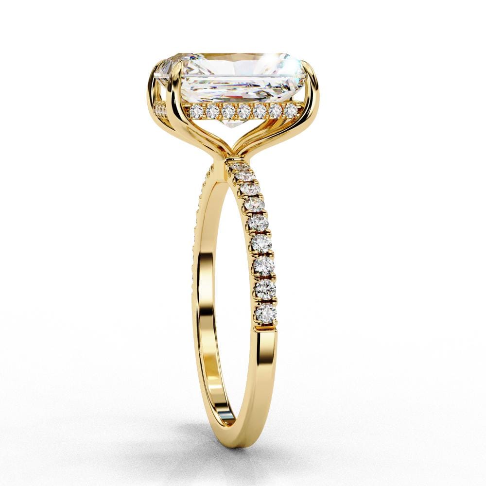 Radiant Cut Solitaire Hidden Halo Pave Band Ring in Gold
