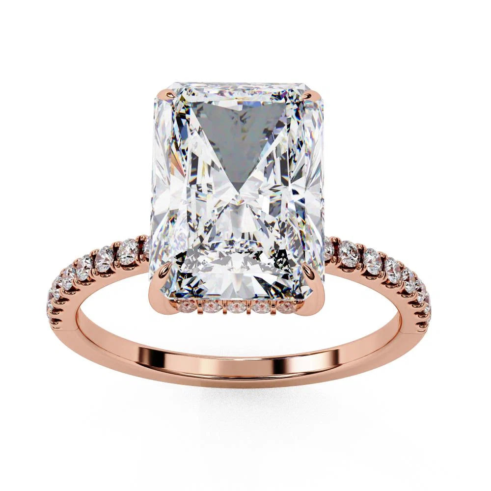 Radiant Cut Solitaire Hidden Halo Pave Band Ring in Gold