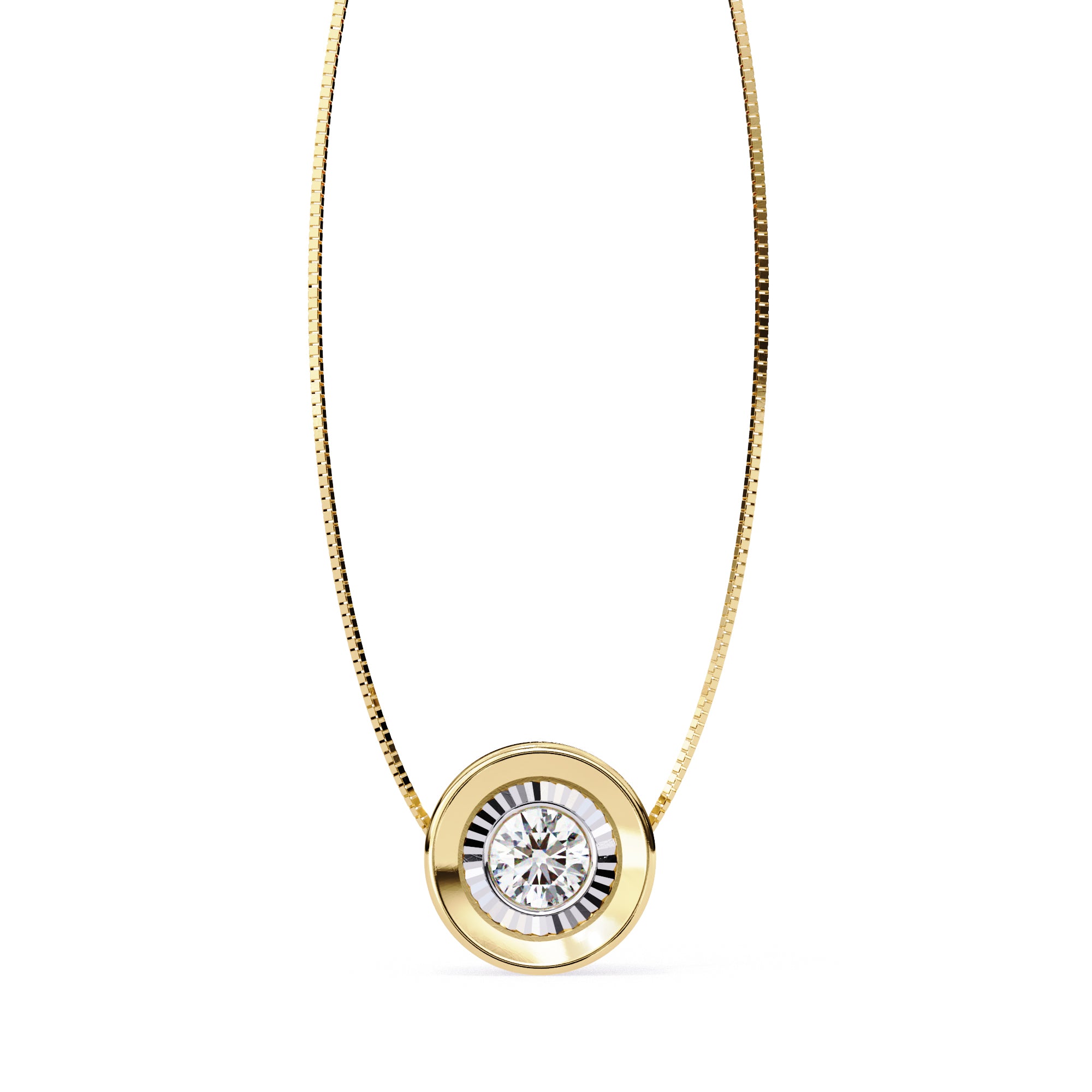 Halo Diamond Pendant in Gold with bezel-style prong setting