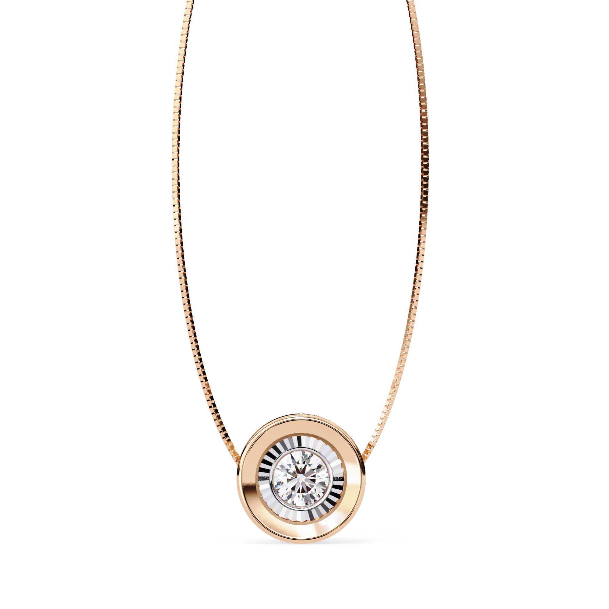 Halo Diamond Pendant in Rose Gold with bezel-style prong setting