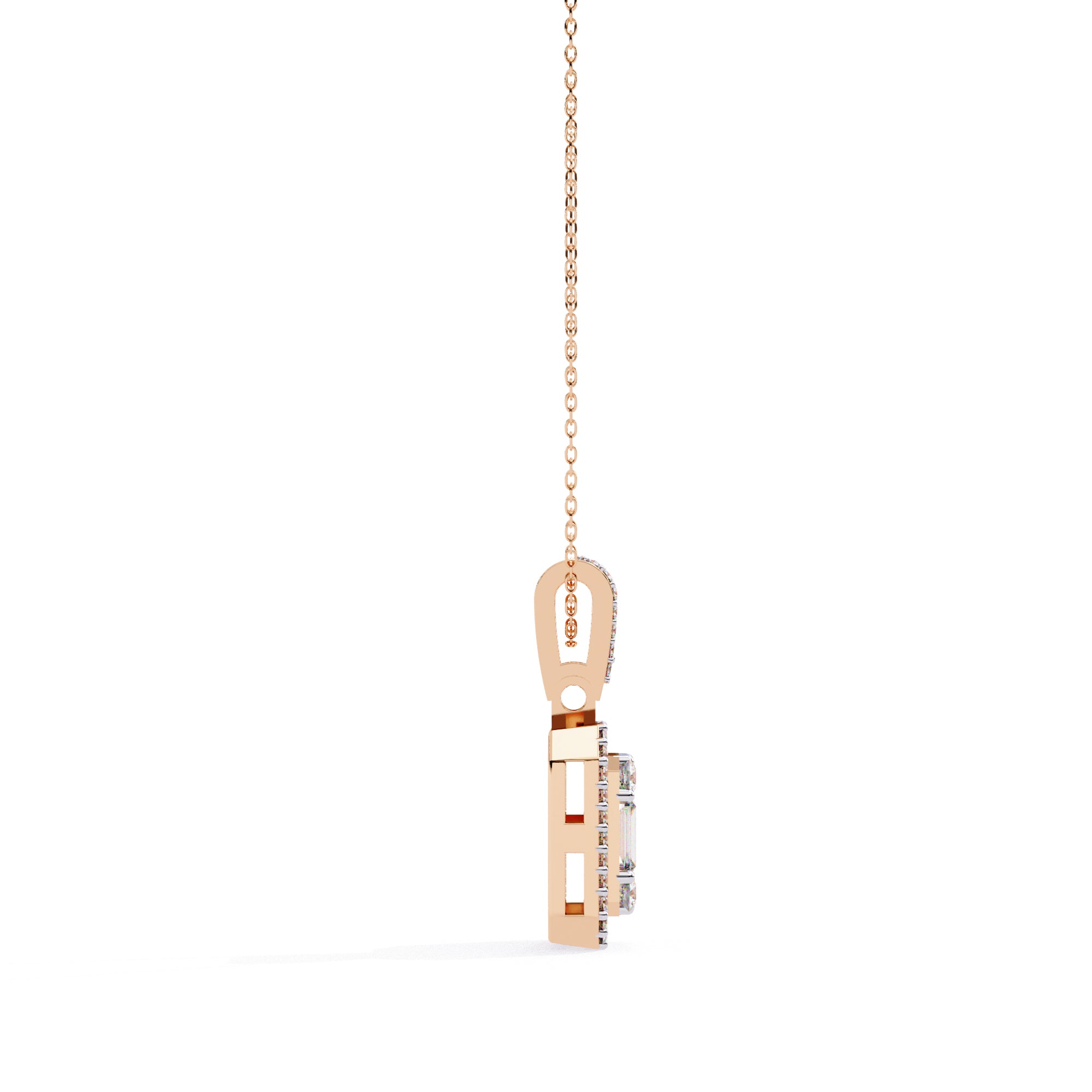 Princess-style rectangular diamond pendant with rose gold chain