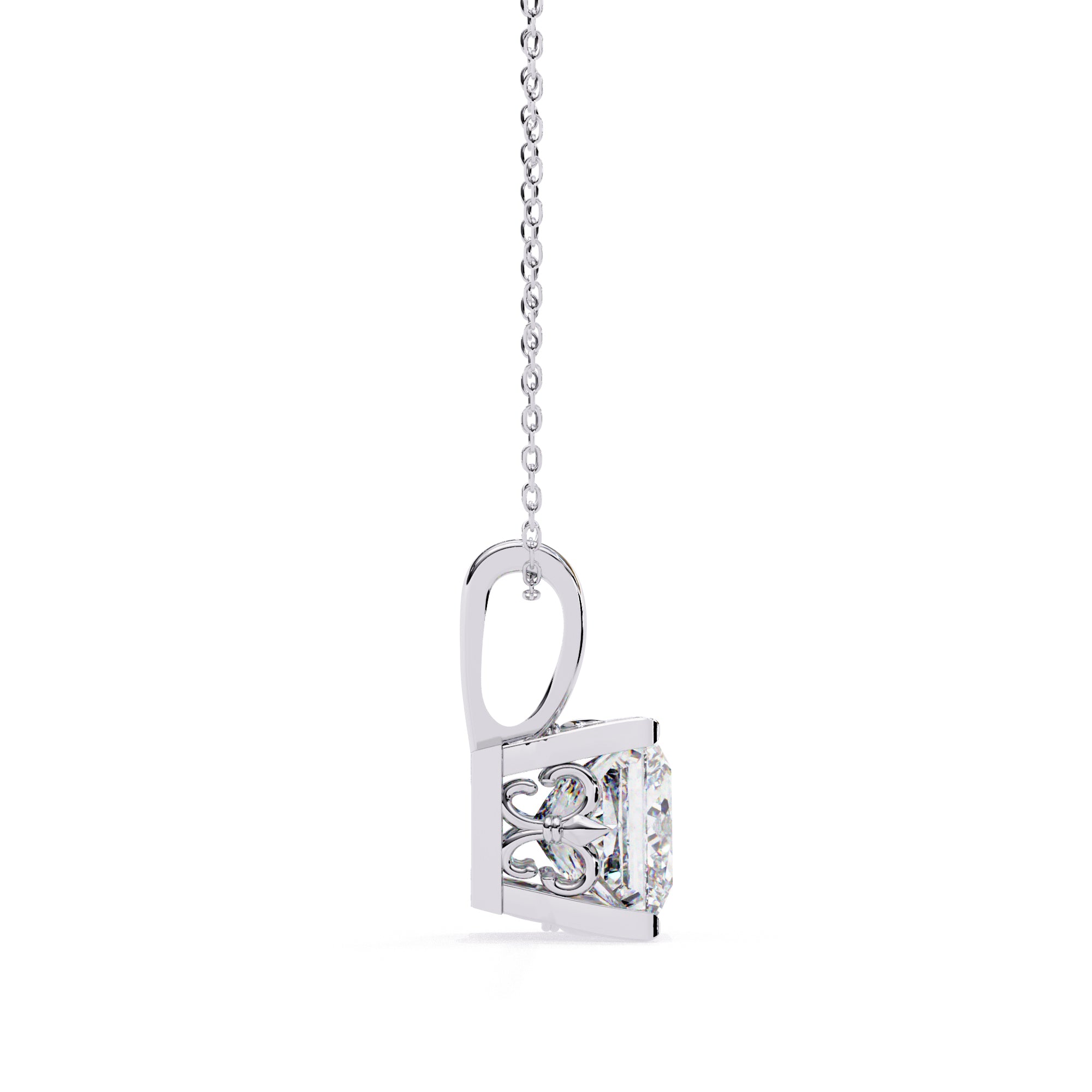 Princess-cut diamond pendant with artistic prong detailing