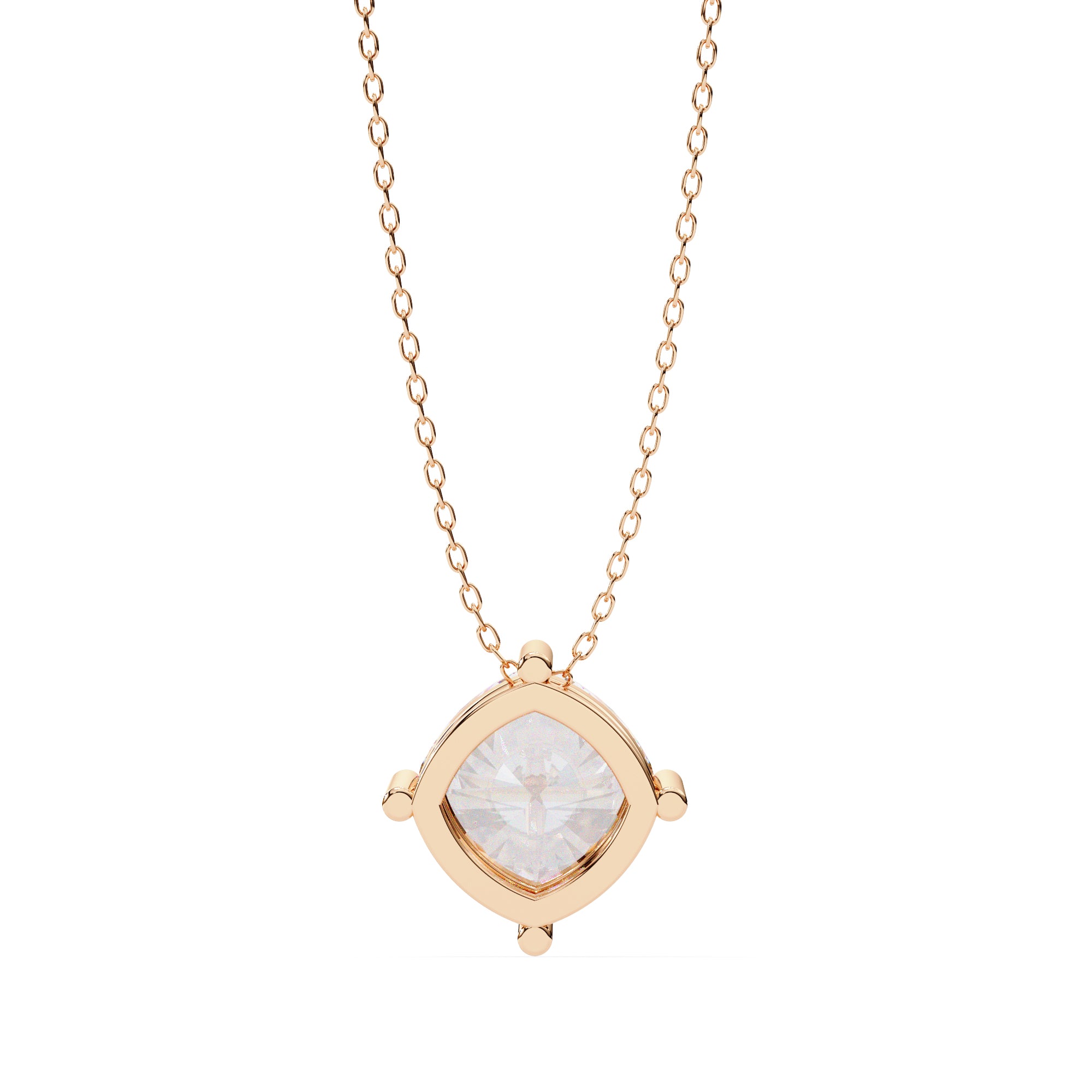 Floating round diamond pendant with rose gold prong pattern