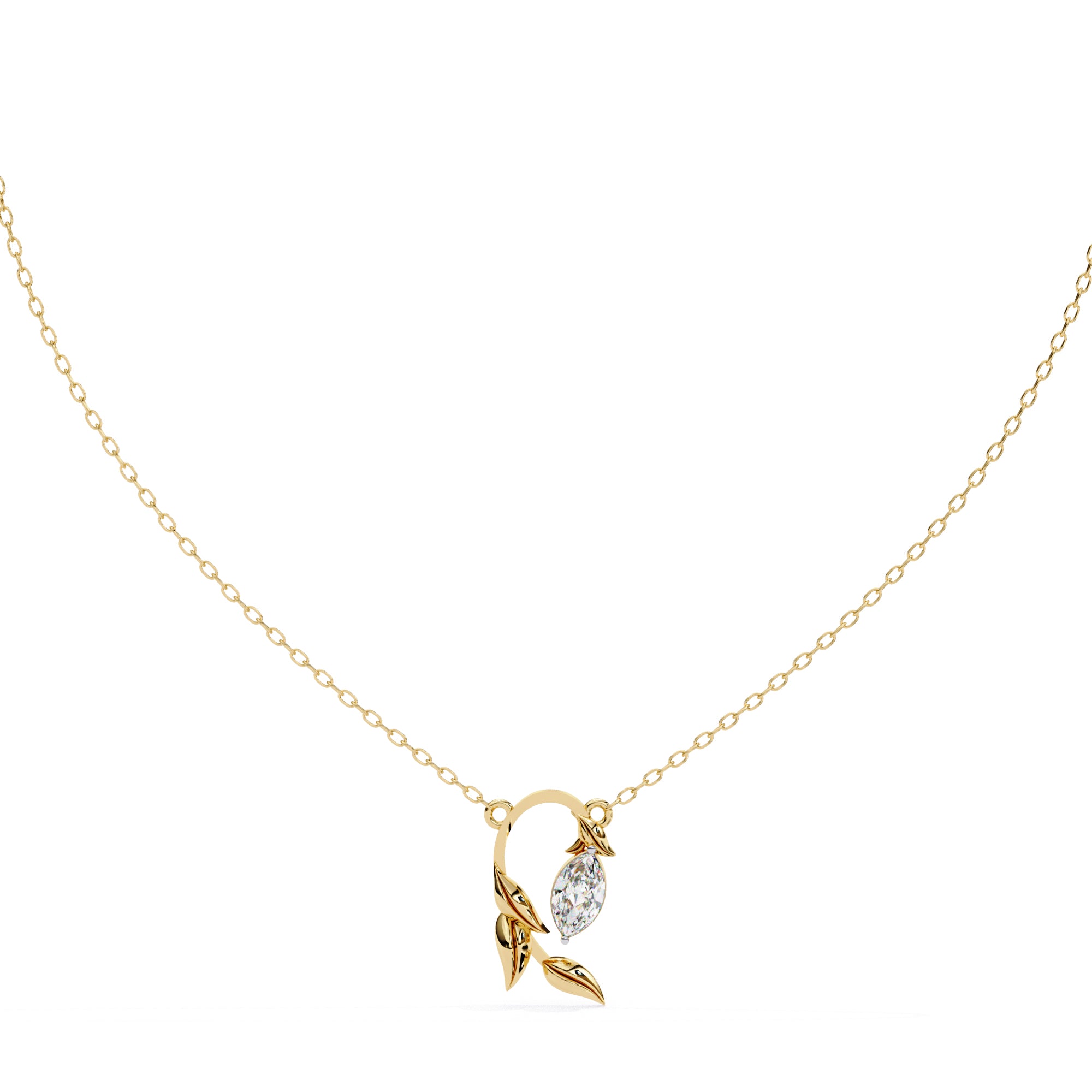Gold leaf design marquise diamond pendant