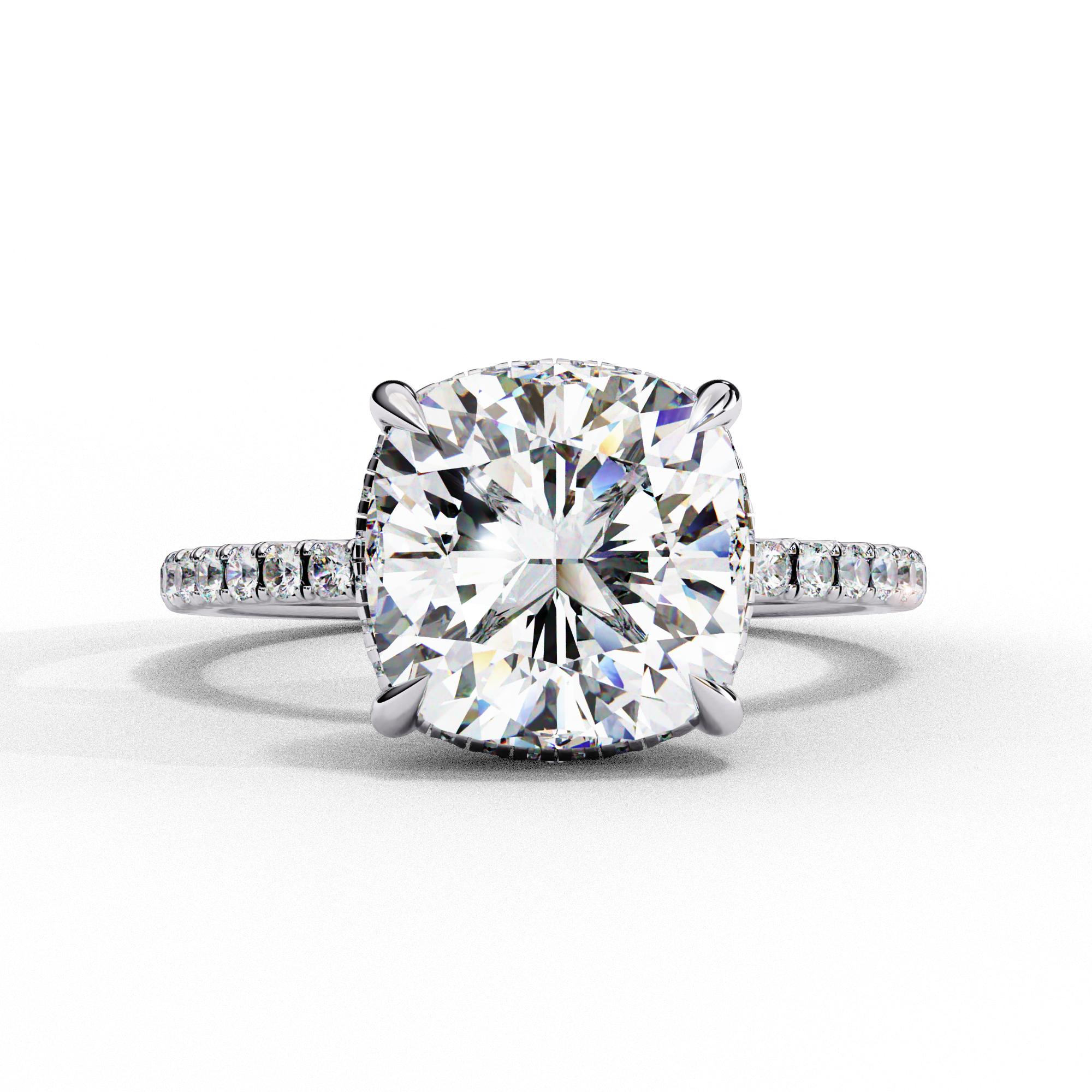 Cushion cut diamond engagement ring with pavé band in White Gold