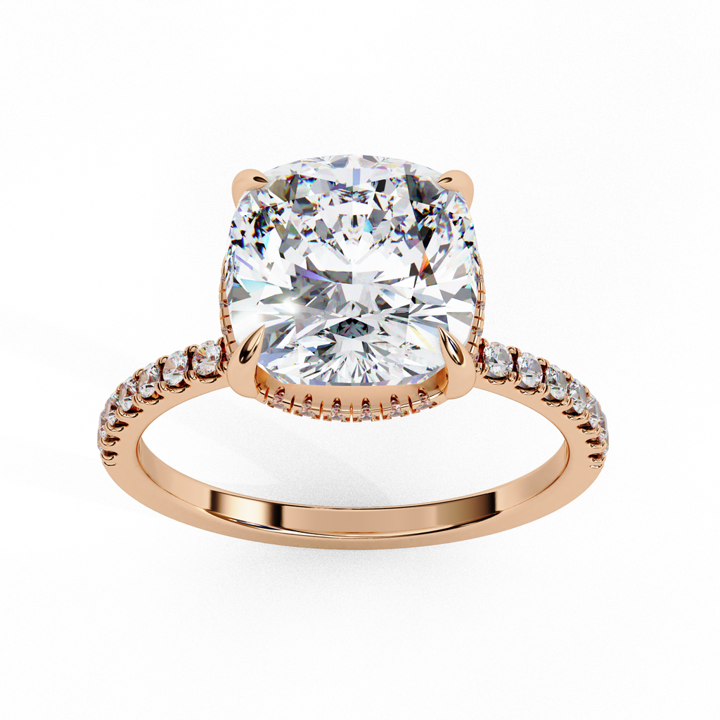 Cushion shaped diamond ring with pavé diamonds