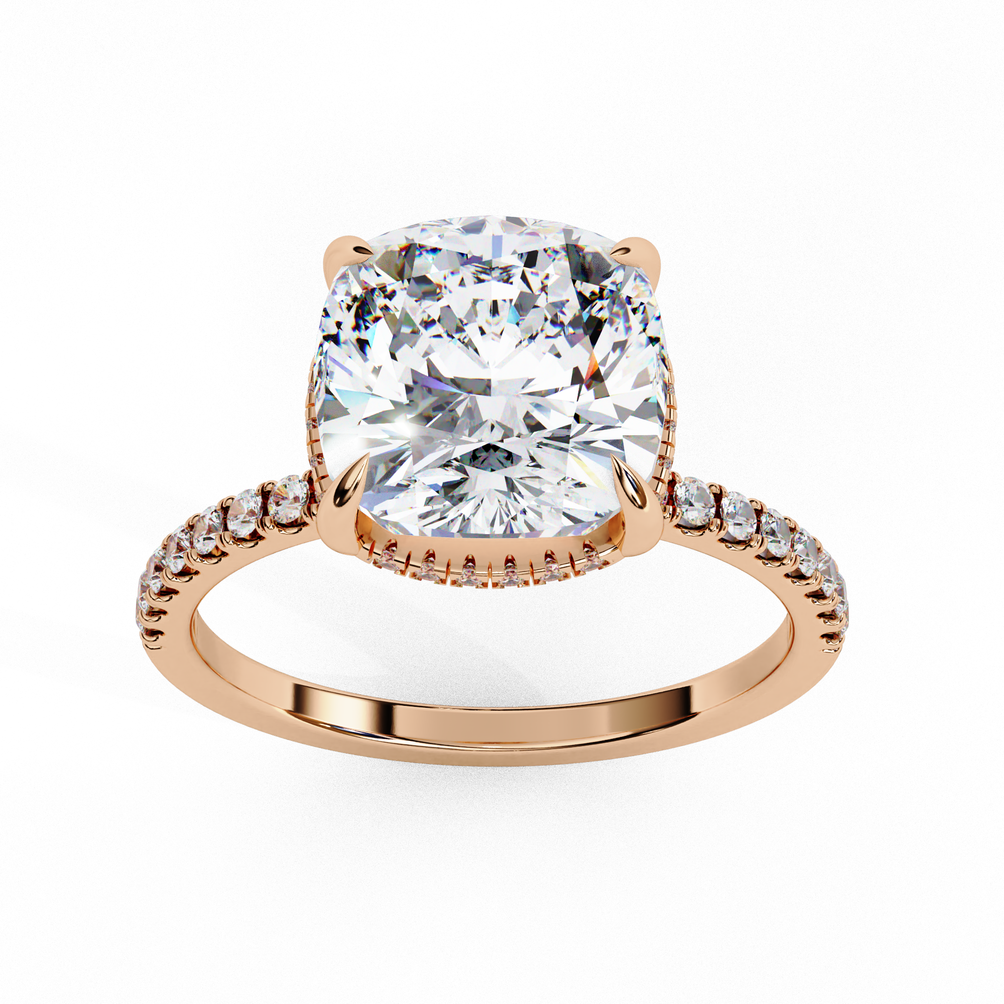 Cushion shaped diamond ring with pavé diamonds