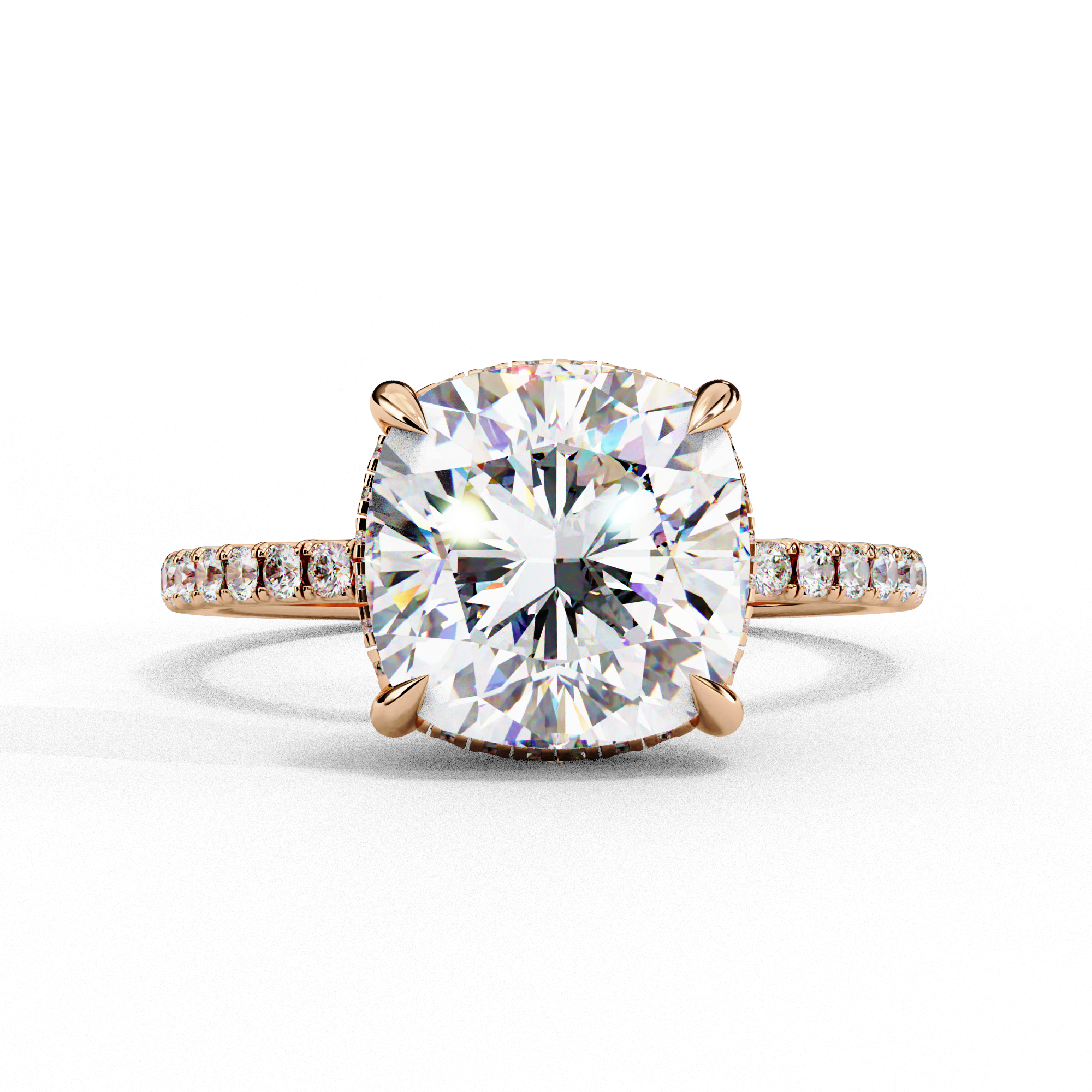 Cushion cut diamond engagement ring with pavé band in Rose Gold