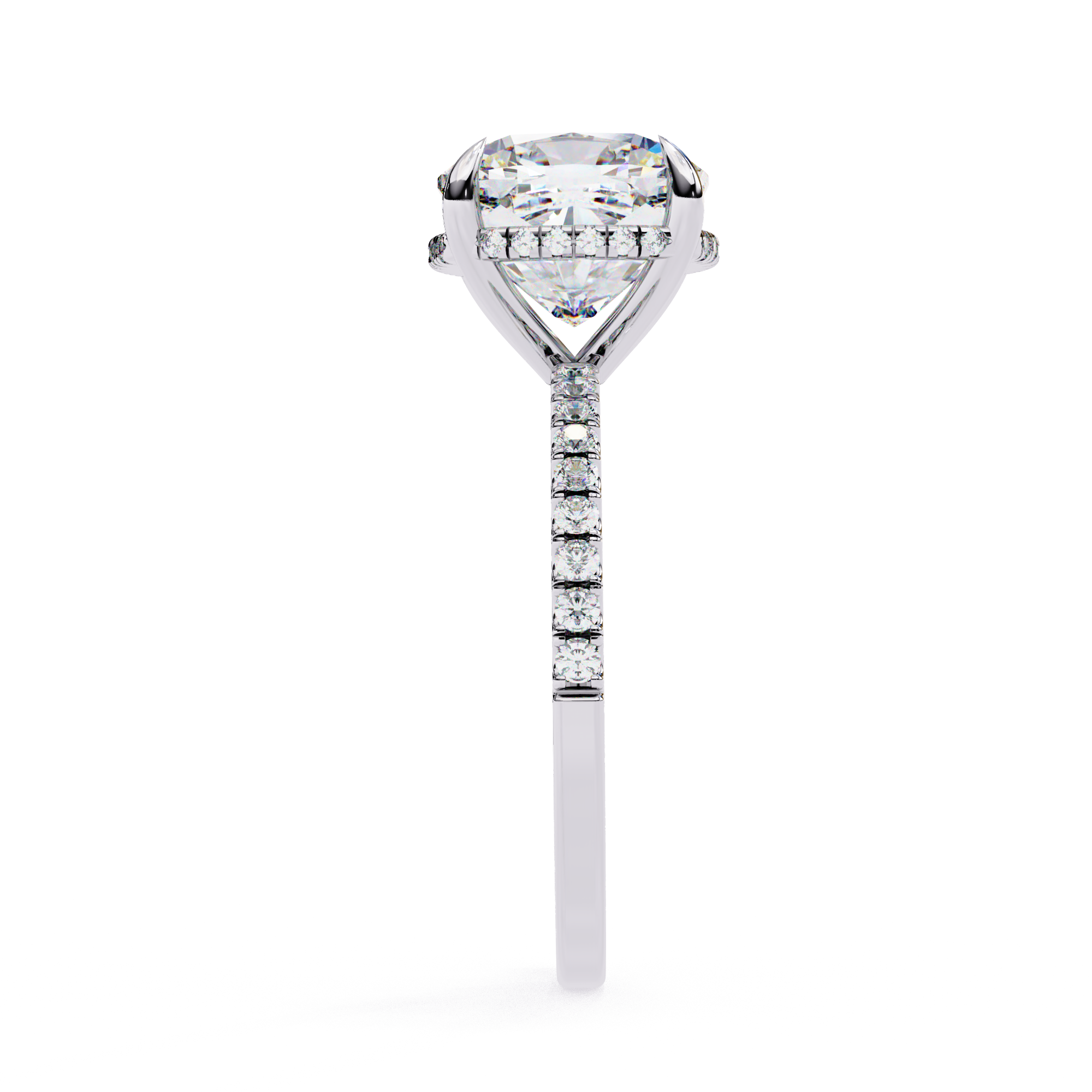 Cushion cut solitaire diamond ring with pavé shoulders