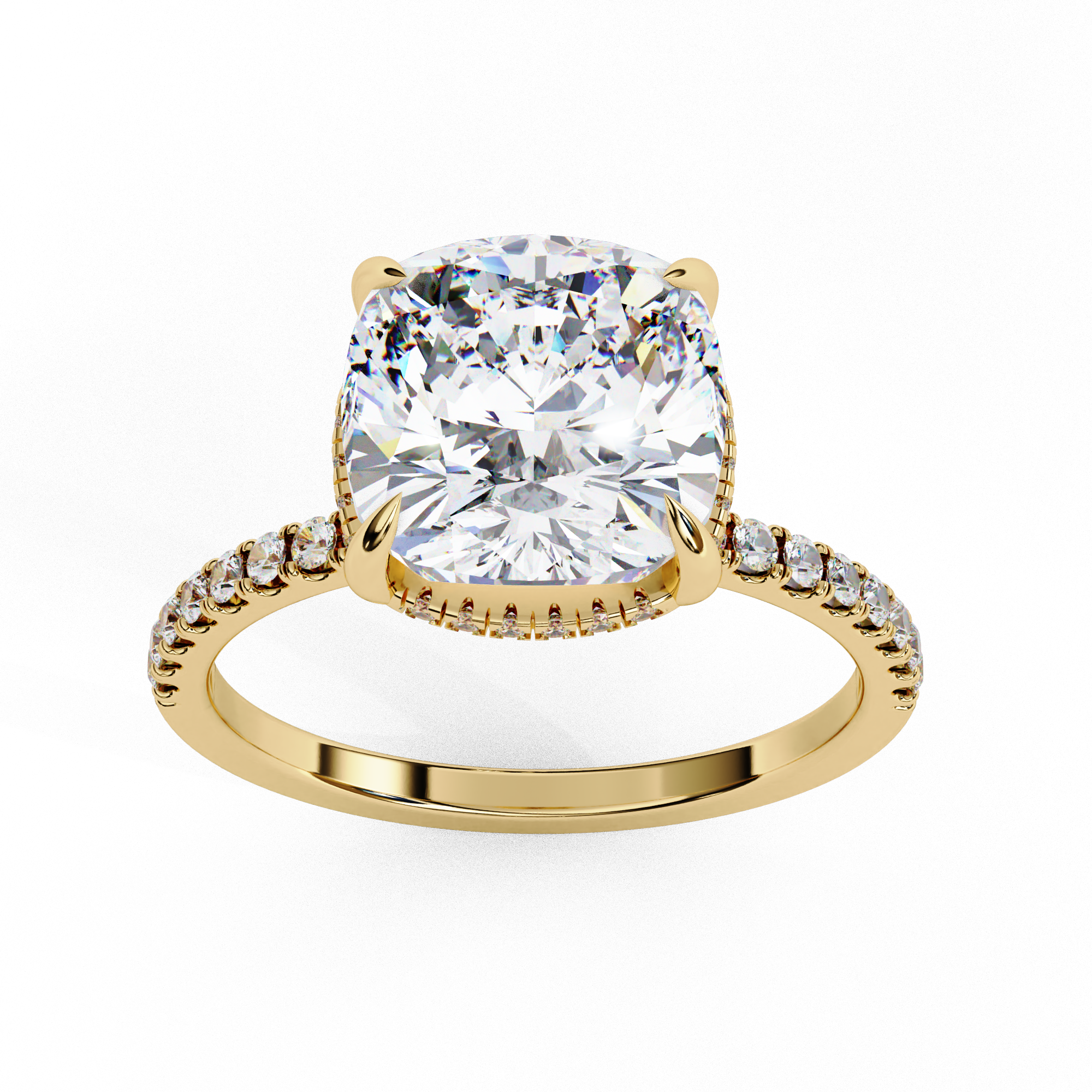 Cushion shaped diamond ring with pavé diamonds