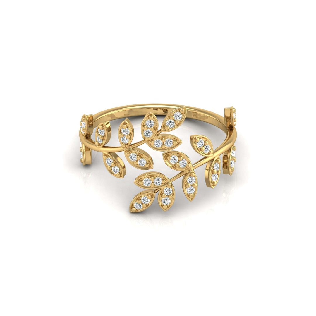 Round-Cut Diamond Leaf Vine Band Ring in Gold