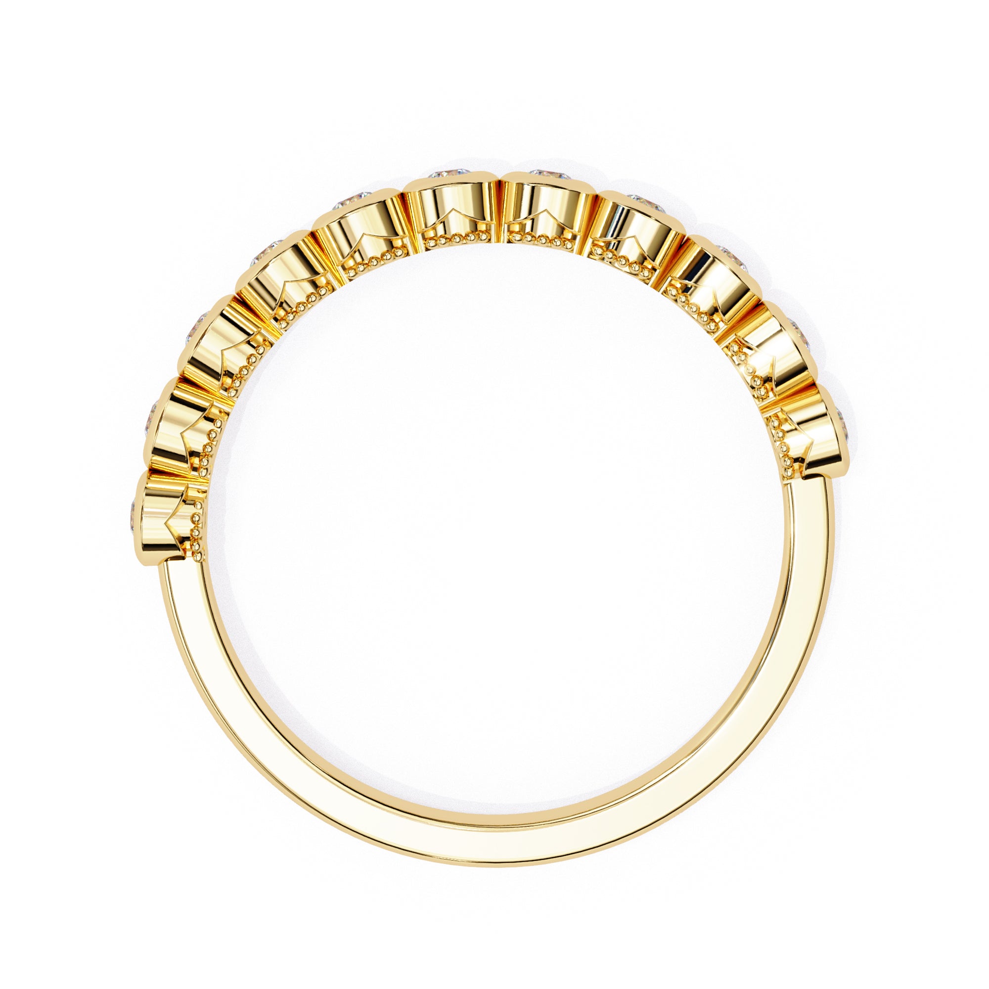 Geometric bezel-set diamond wedding band design